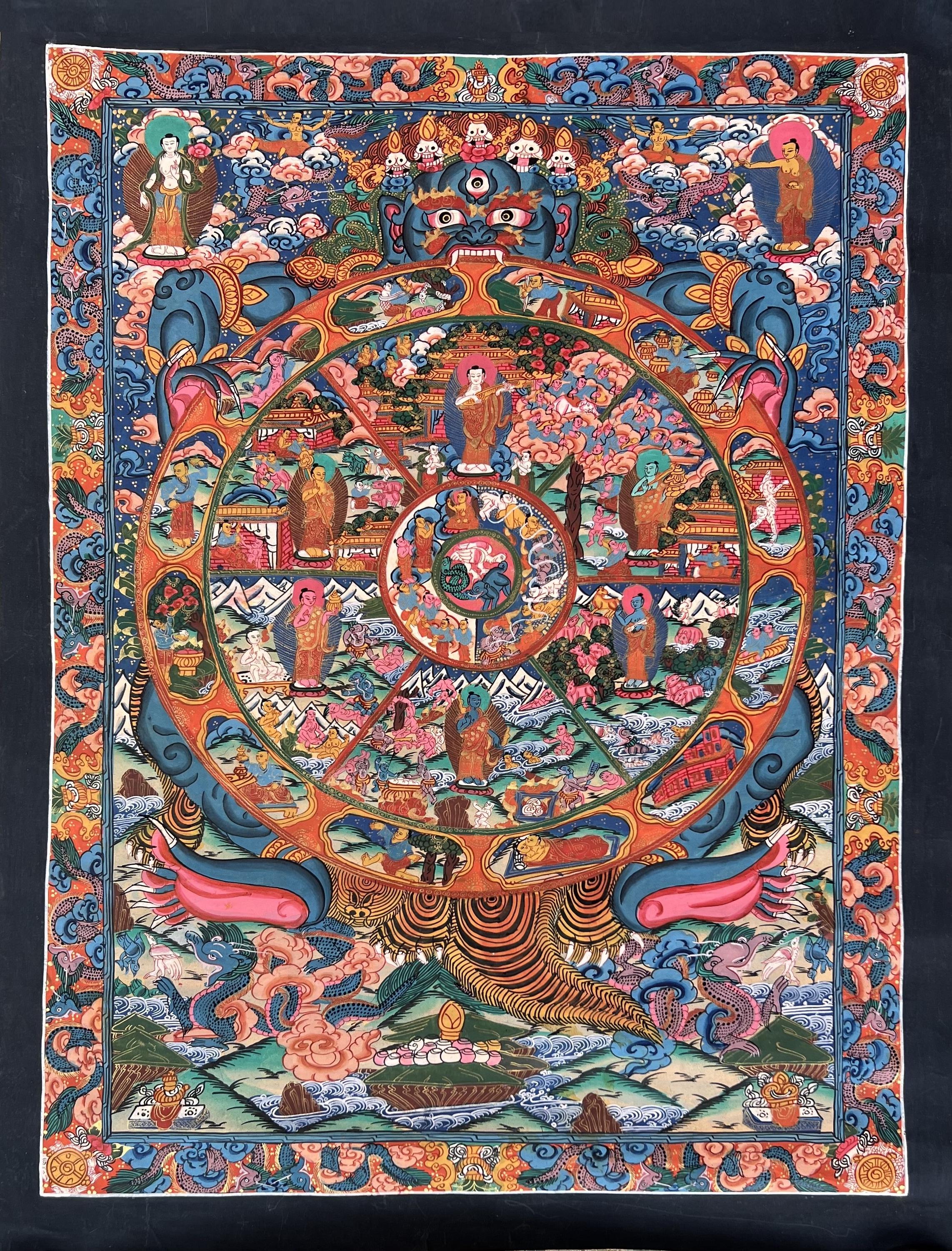 手描きの輪廻生命タンカ: チベット仏教バヴァチャクラ マンダラ アート