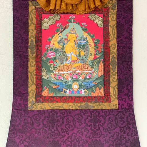 Manjushri, Manjusri, Manjushree, shops Thangka Painting, Original Art with Silk Brocade