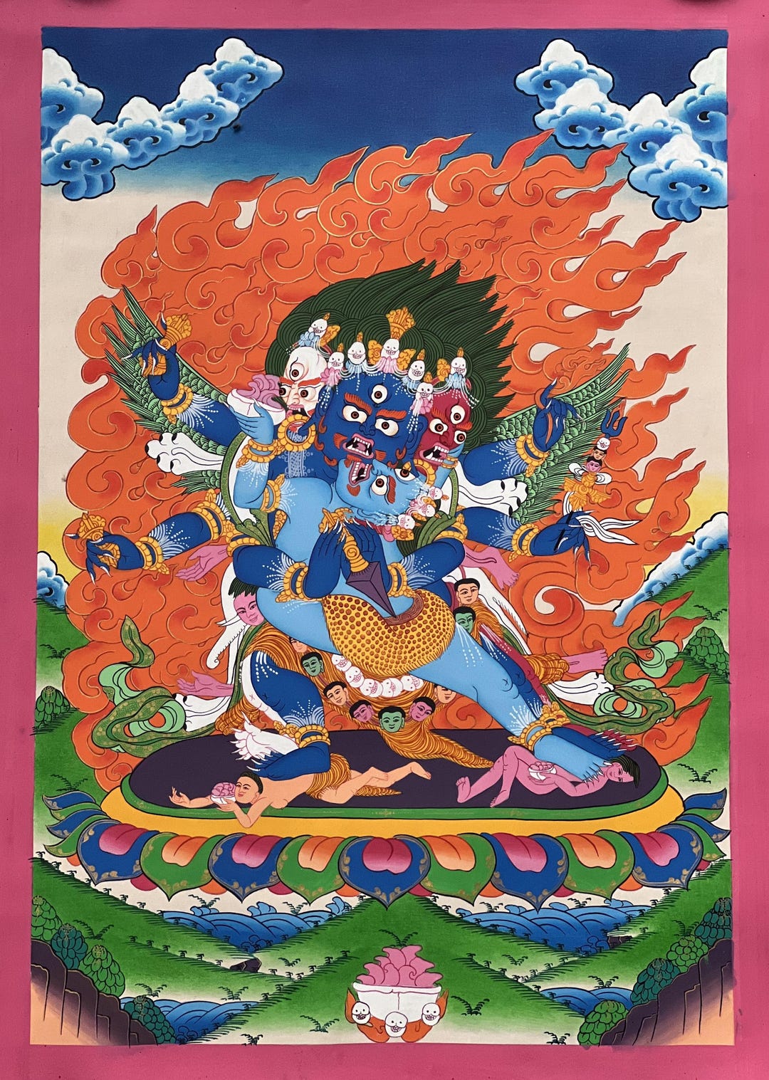 Thangka Tibétain Doré Vajrakilaya - Peinture Tantrique Bouddha, Cadre Brocart, Décoration Murale Zen Et Méditation