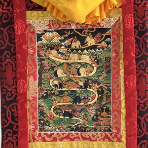 Dipinto Thangka tibetano: Meditazione Samatha - Via verso il Nirvana. Arte con broccato di seta. immagine 4