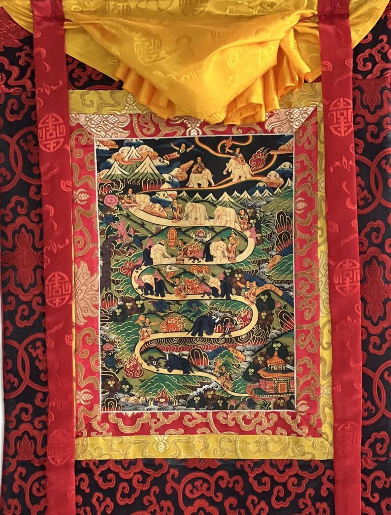 Dipinto Thangka tibetano: Meditazione Samatha - Via verso il Nirvana. Arte con broccato di seta. immagine 4