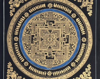 Kalachakra Mandala Thangka | Black and Gold Wheel of Time Painting | Tibetan Buddhist Wall Art