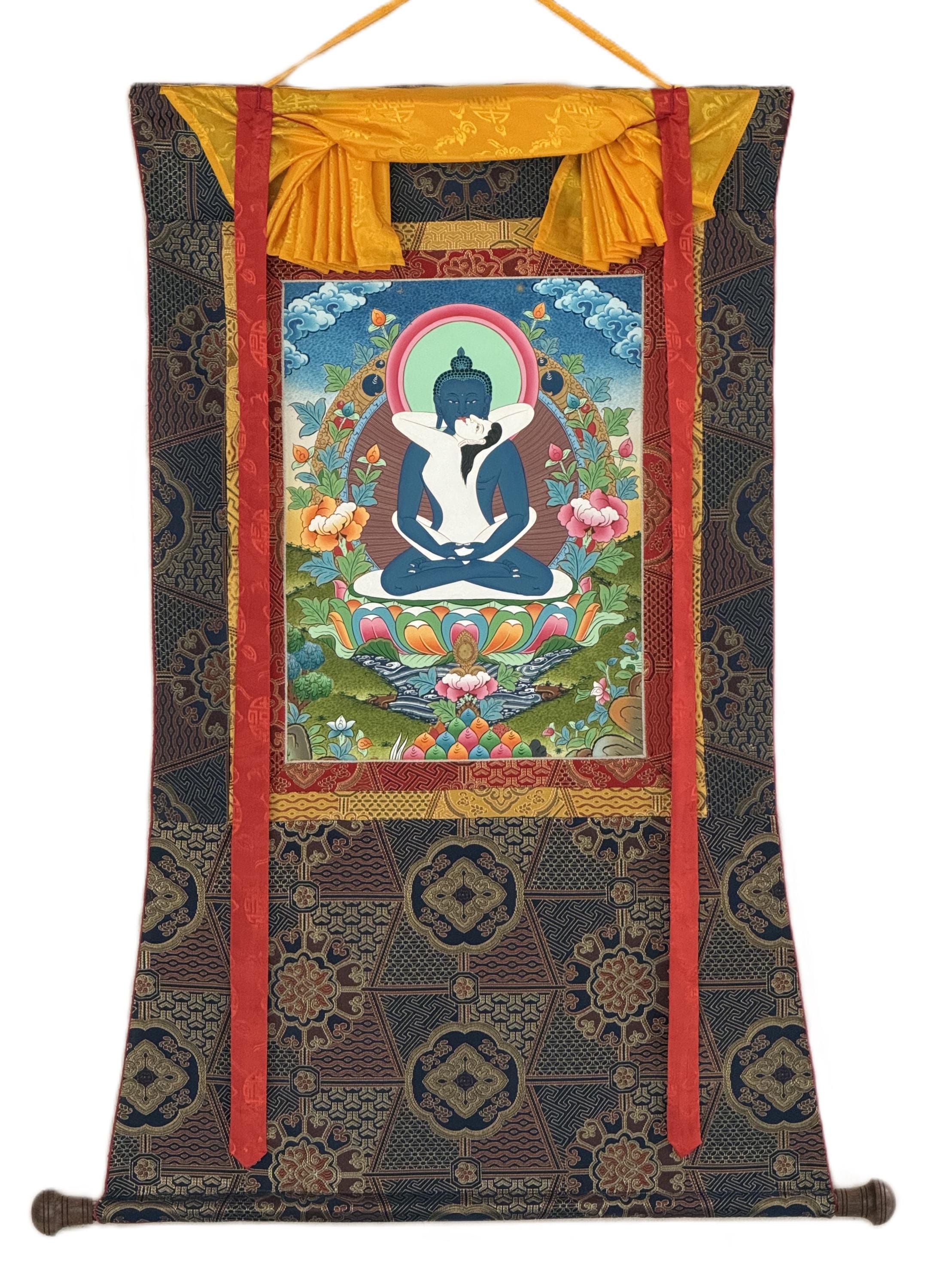 Samantabhadra Thangka with Silk Brocade Hand Painted Tibetan Buddhist Meditation Art
