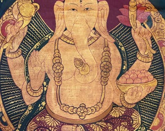 ガネーシャ　油画 ガネーシャ神またはヴィナヤカ タンカ絵画 | 傑作油ニス塗りオリジナル