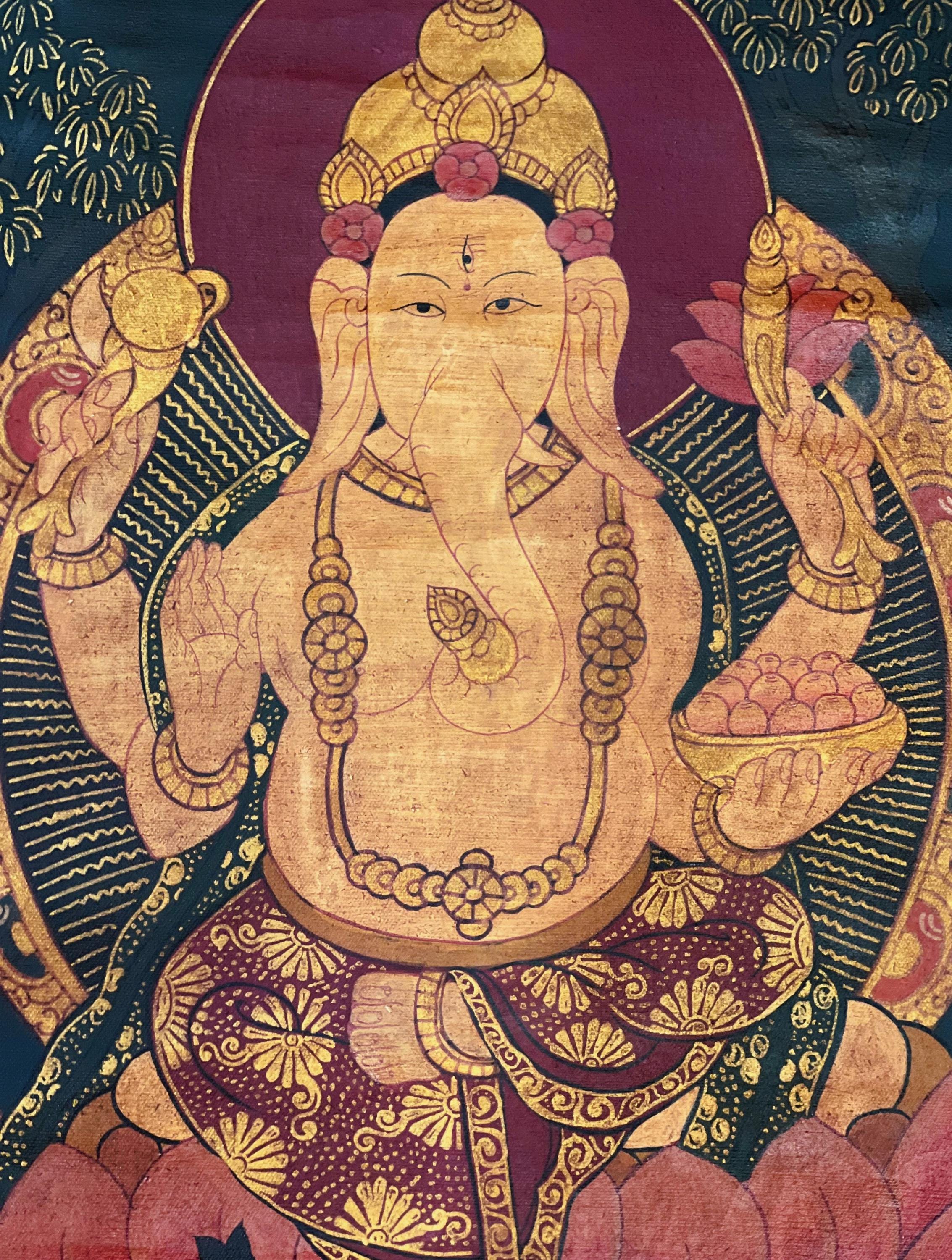 ガネーシャ　油画 ガネーシャ神またはヴィナヤカ タンカ絵画 | 傑作油ニス塗りオリジナル
