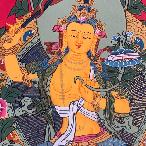 Manjushri, Manjusri, Manjushree, shops Thangka Painting, Original Art with Silk Brocade