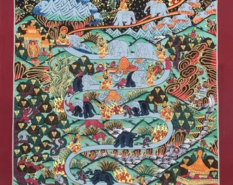 手描きの象の道サマタ瞑想天国/涅槃への道チベットタンカ絵画