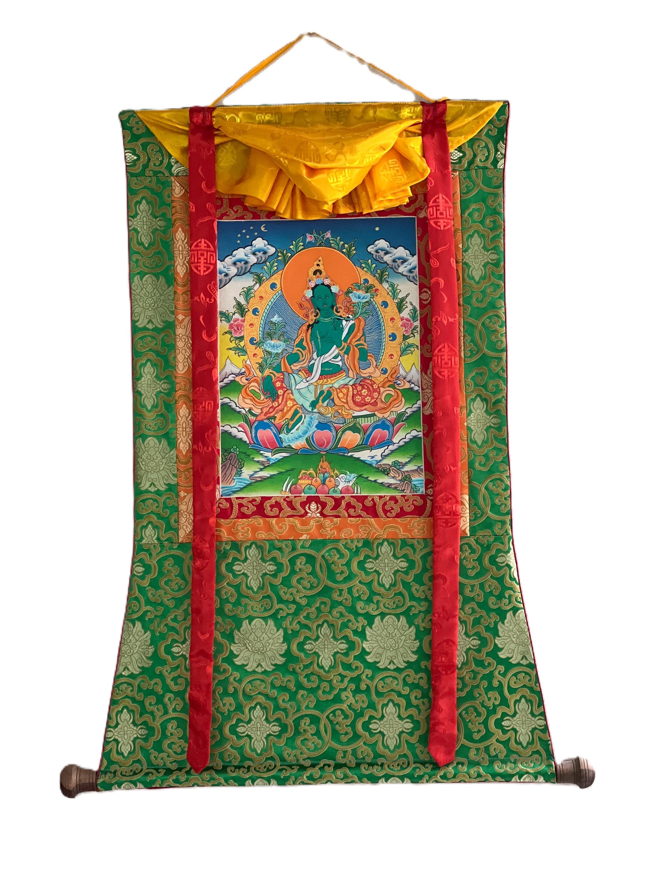 Original Green Tara Thangka Painting | Buddhist Art | Mother Goddess Silk Brocade | Meditation Decor | Handcrafted Tibetan Wall Art