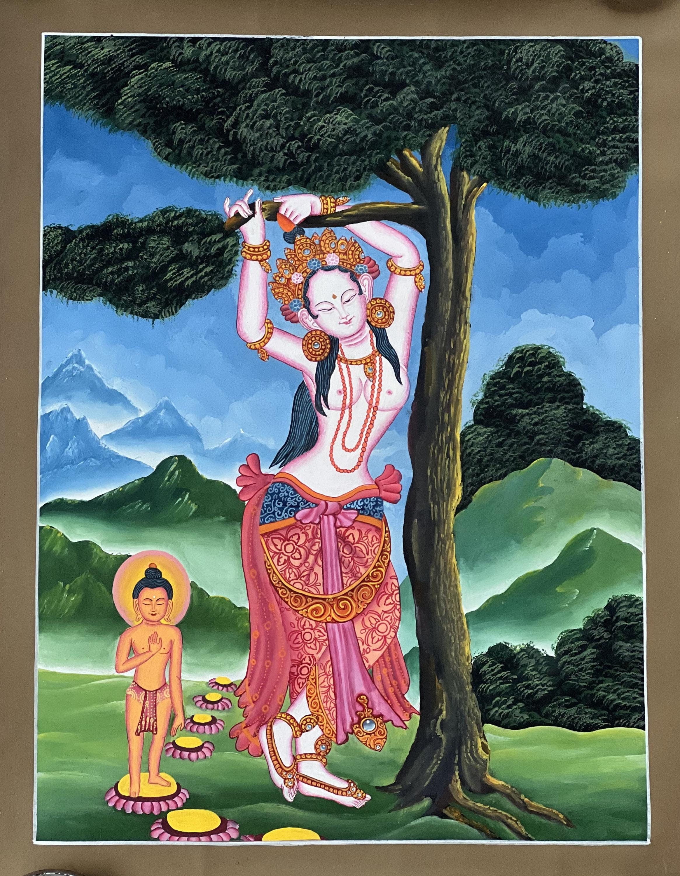 Maha Maya/ Mayadevi/Queen of Kapilvastu Giving Birth to Buddha under Sal Tree Newari Paubha Painting Original Masterpiece Buddhist Art
