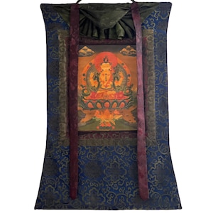 Four Armed Chenrezig/Avalokiteshvara Bodhisattva Thangka Painting - Handcrafted Tibetan Art with Silk Brocade - Old Oil Varnish Finish