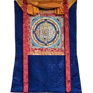 Wheel of Life/ Wheel of Tim/, Kalachakra Mantra Mandala Original Tibetan Thangka Painting Wall Hanging/  Meditation Art with Silk Brocade