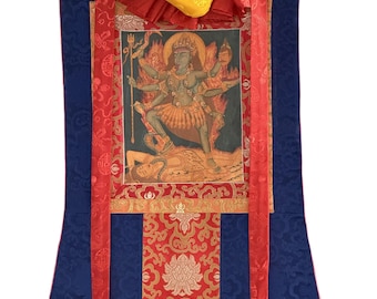 Pittura Mahakali / Thangka dipinto a mano con broccato di seta / Arte da parete tantrica indù Kali