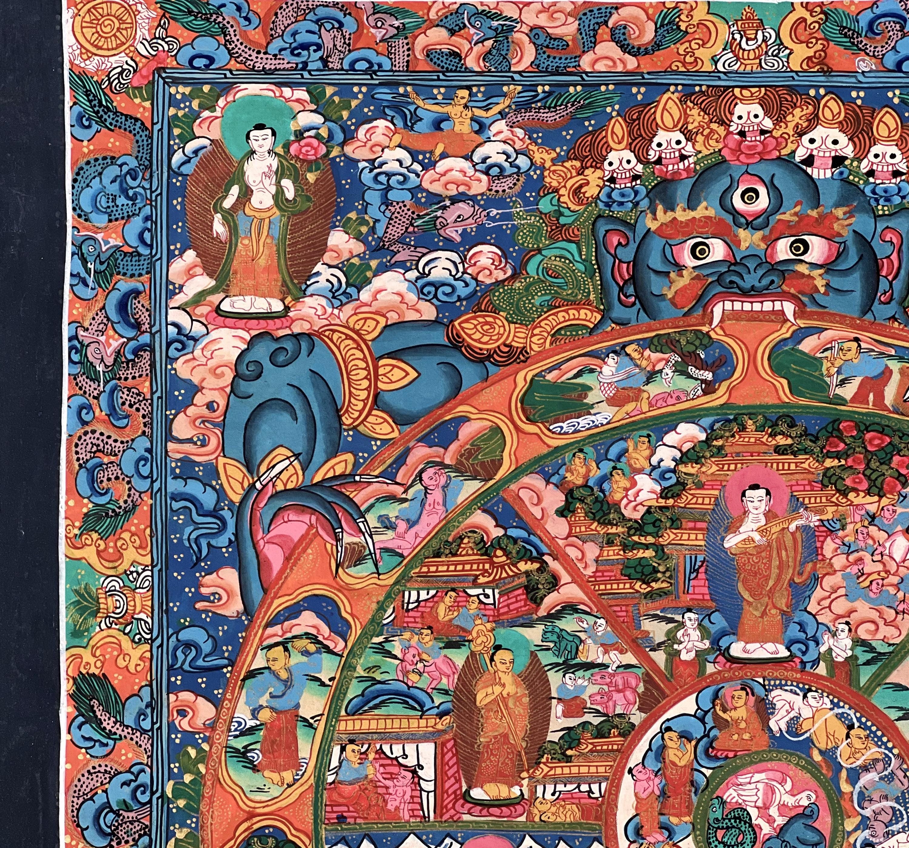 手描きの輪廻生命タンカ: チベット仏教バヴァチャクラ マンダラ アート