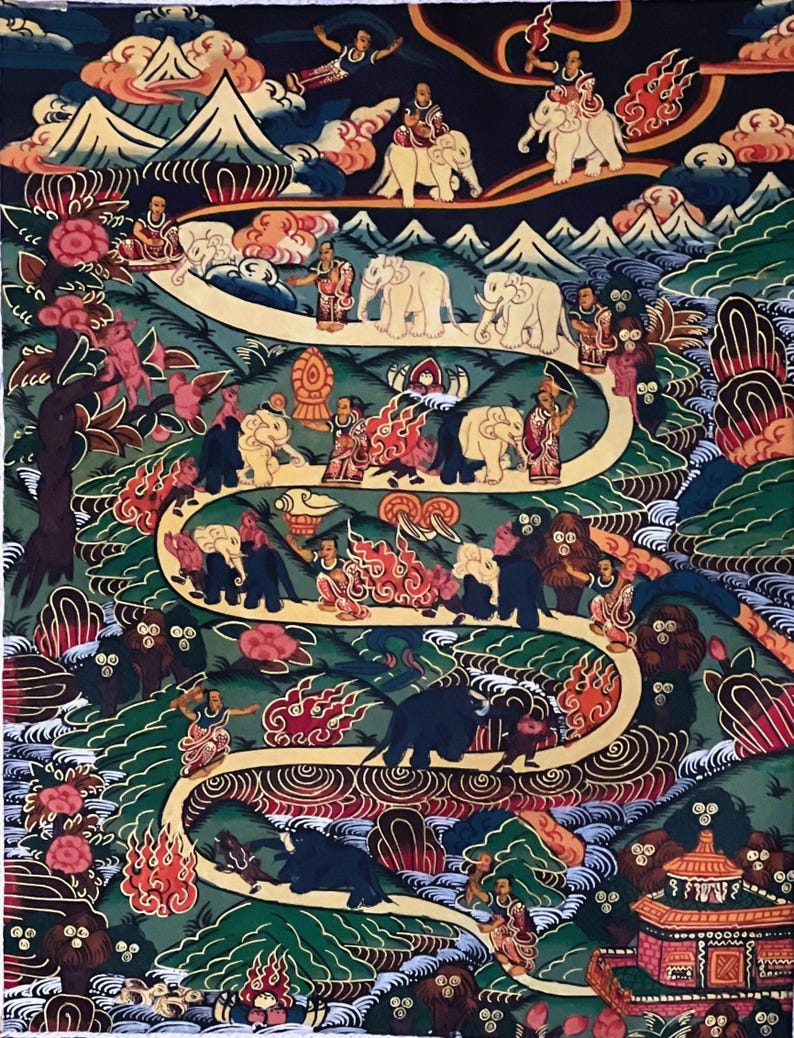 Dipinto Thangka tibetano: Meditazione Samatha - Via verso il Nirvana. Arte con broccato di seta. immagine 5