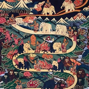 Dipinto Thangka tibetano: Meditazione Samatha - Via verso il Nirvana. Arte con broccato di seta. immagine 6