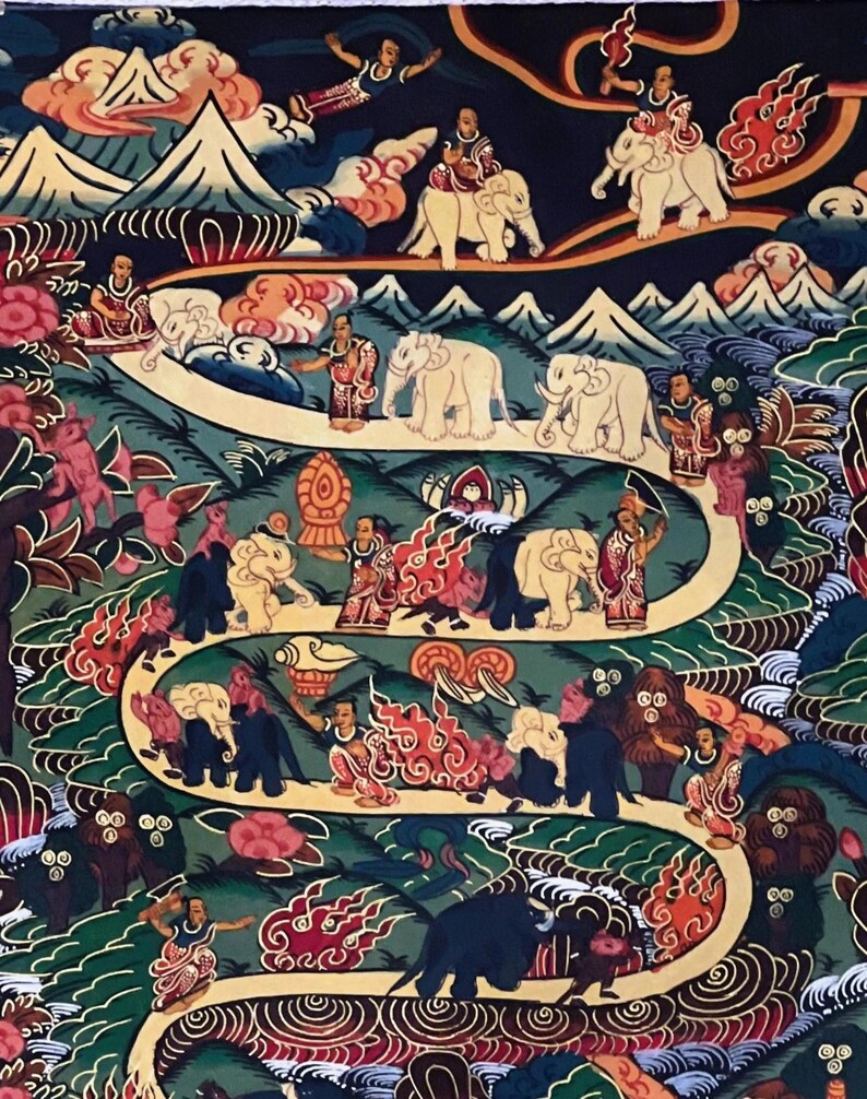 Dipinto Thangka tibetano: Meditazione Samatha - Via verso il Nirvana. Arte con broccato di seta. immagine 6