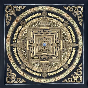 Kalachakra Mandala/ Wheel of Life/ Wheel of Time / Black and Gold High-Quality Masterpiece Tibetan Thangka Painting Original Meditation Art