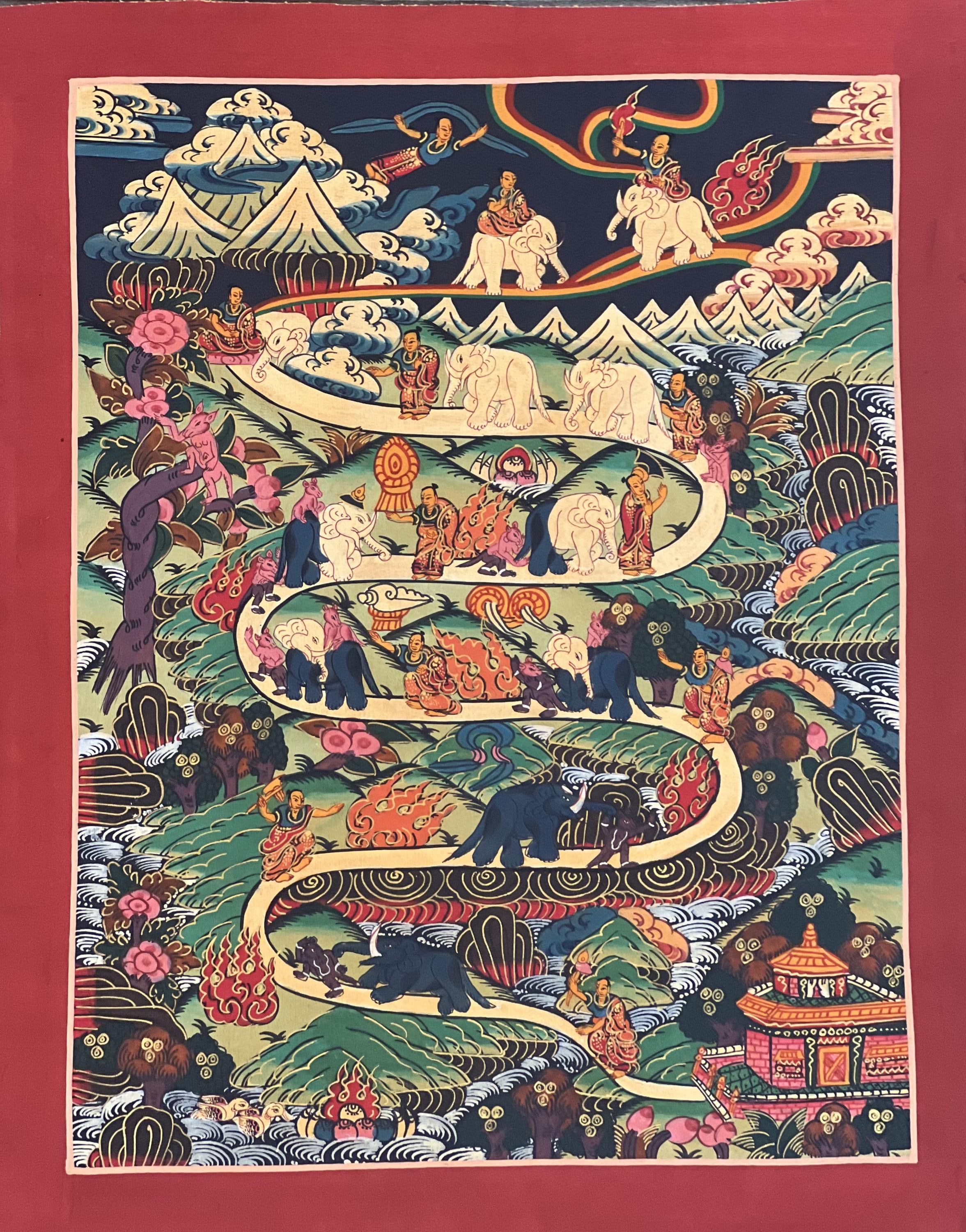 手描きの象の道サマタ瞑想天国/涅槃への道チベットタンカ絵画