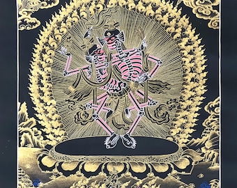 チティパティ 黒と金のタンカ | 手描きのチベット舞踊骸骨アート