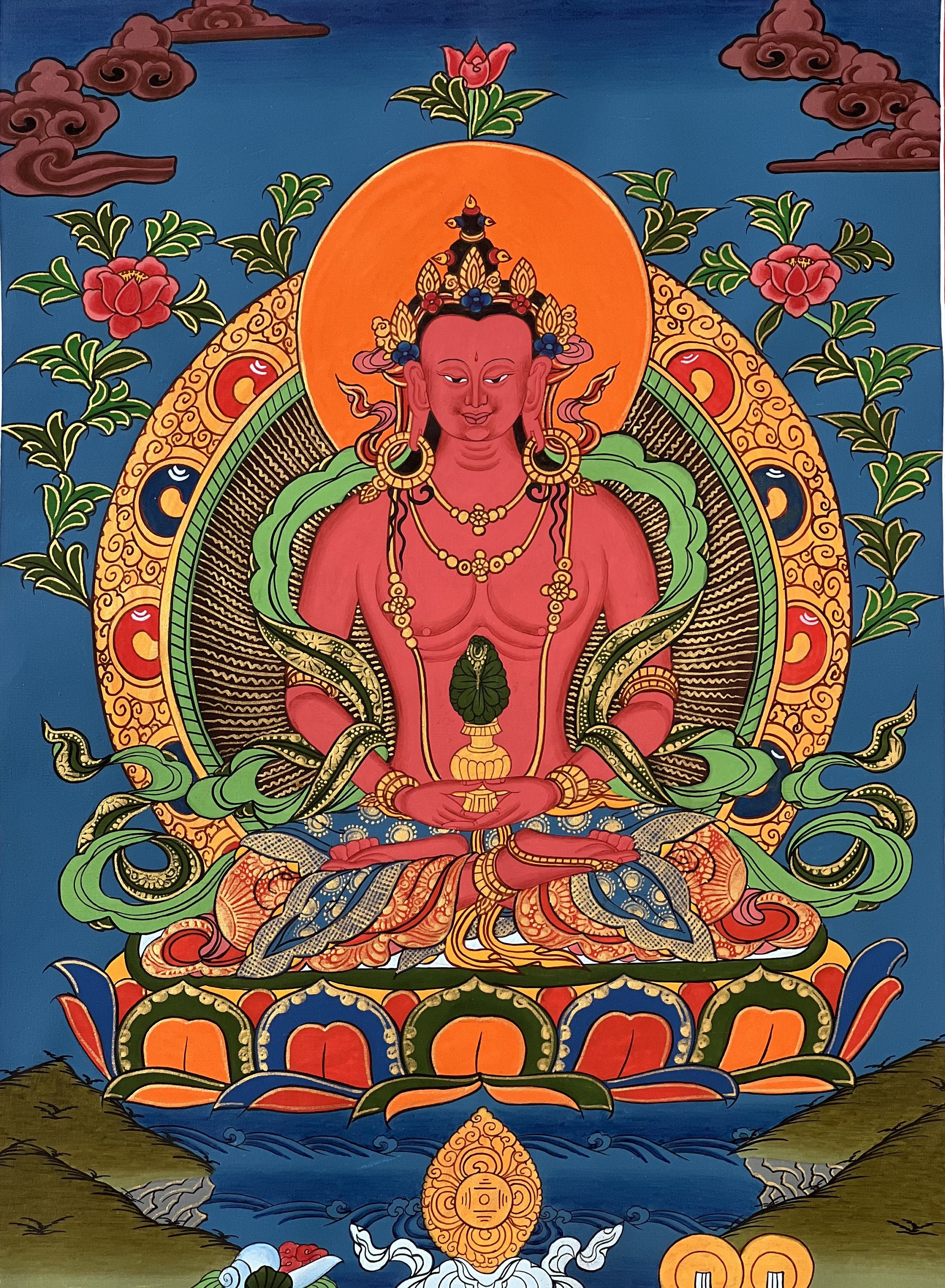 チベットの仏画 阿弥陀如来 手描き 手描きの阿弥陀如来タンカ画