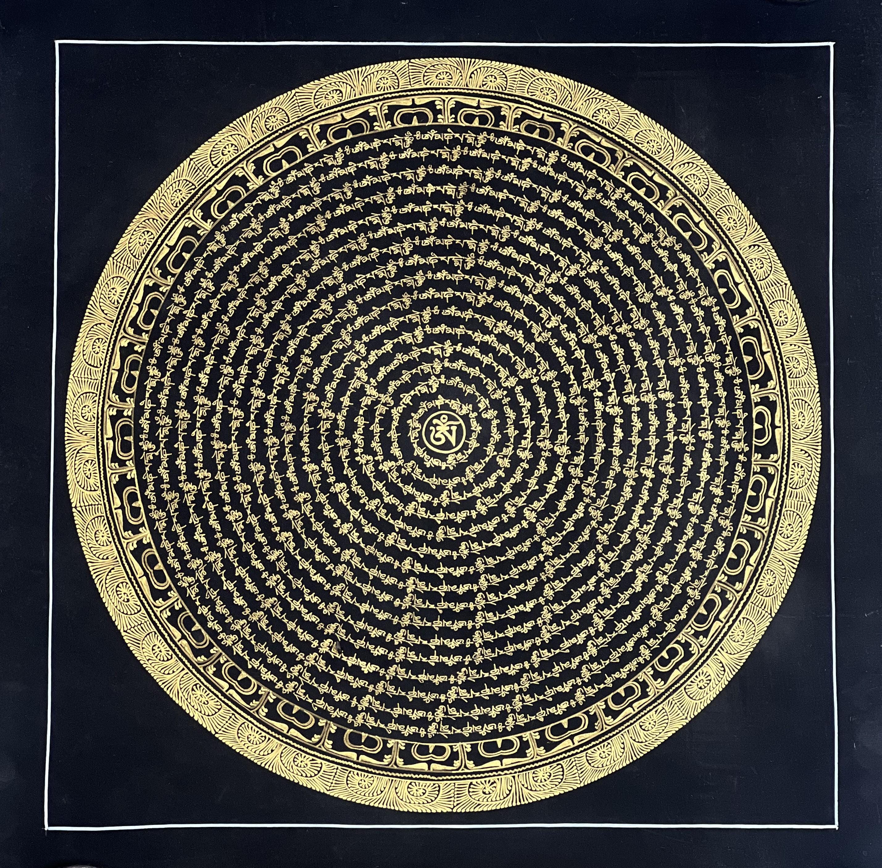 Tibetan Om Mani Padme Hum Mandala – Black and Gold Thangka