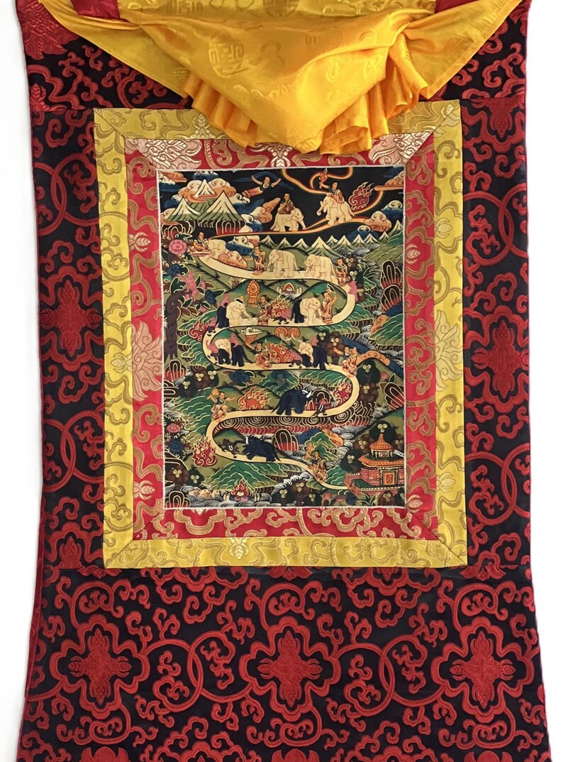 Dipinto Thangka tibetano: Meditazione Samatha - Via verso il Nirvana. Arte con broccato di seta. immagine 3