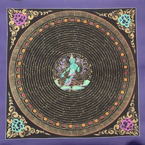 Green Tara Sacred Om Mani Padme Hum Mantra Mandala Original Tibetan Thangka Painting Compassion Meditation Art/ Wall Hanging