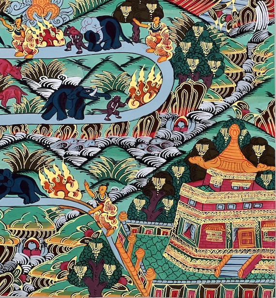 チベットタンカ画 - 象たちと九段サマタ瞑想 パタ - 平和、マインド