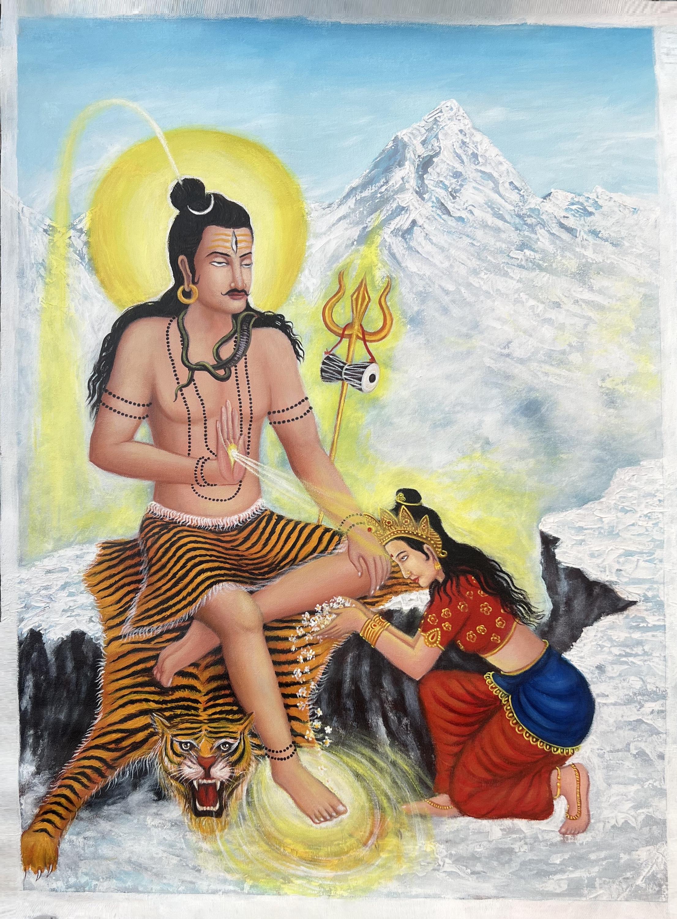 Lord Shiva with Mother Parvati Symbolizing Love and Devotion Large Masterpiece Acrylic Painting on canvas