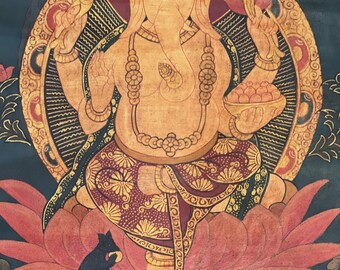 ガネーシャ神またはヴィナヤカ タンカ絵画 | 傑作油ニス塗りオリジナル