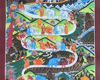 手描きの象の道サマタ瞑想天国/涅槃への道チベットタンカ絵画