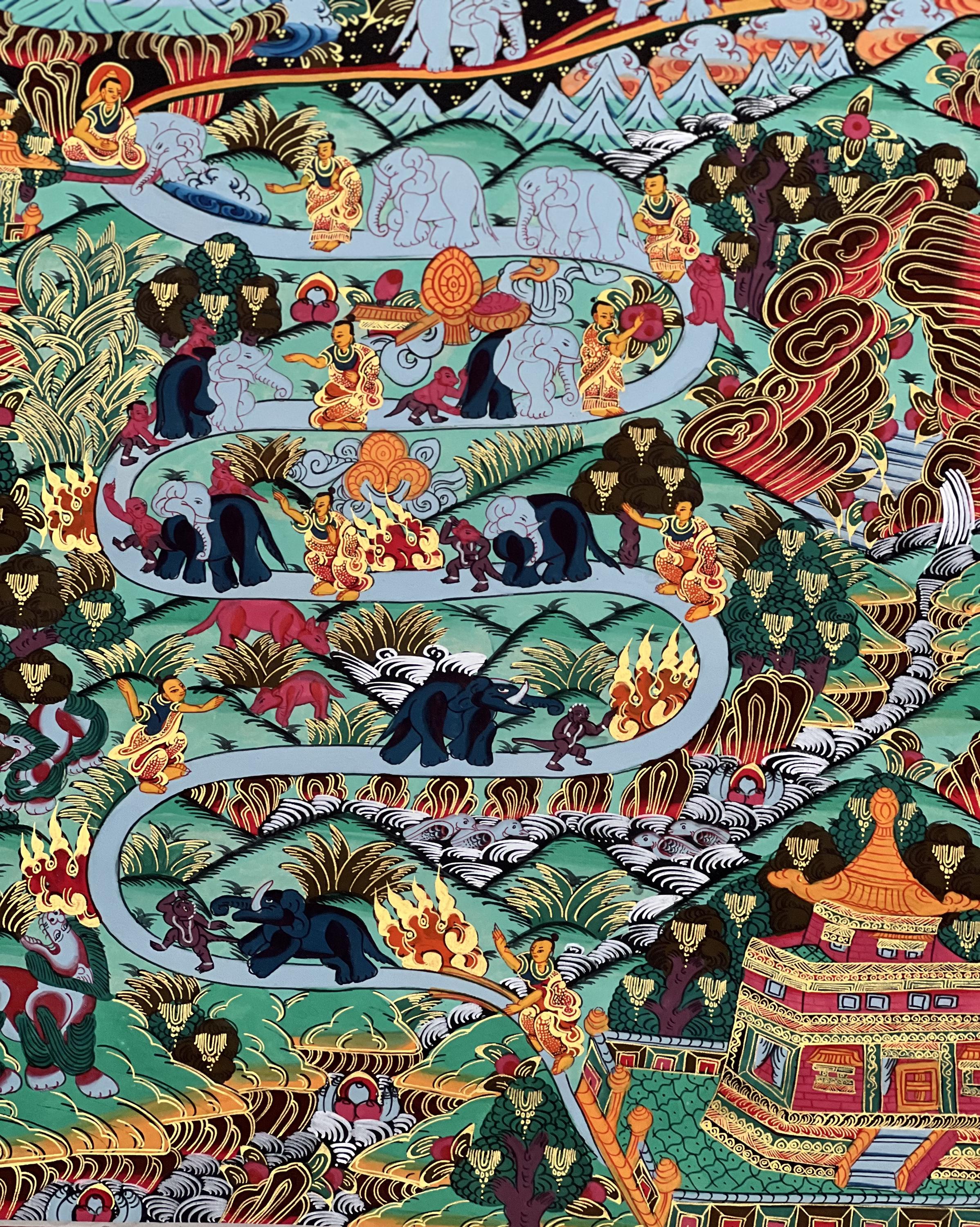 チベットタンカ画 - 象たちと九段サマタ瞑想 パタ - 平和