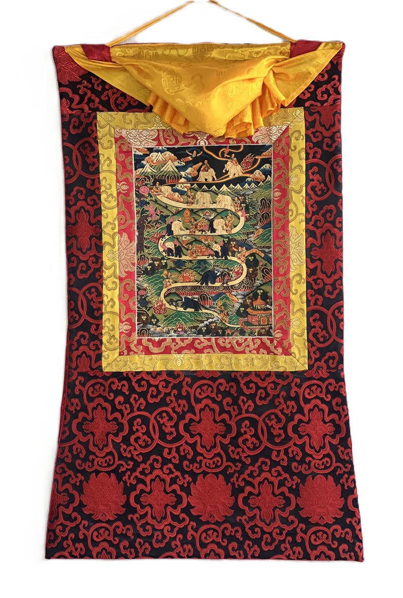 Dipinto Thangka tibetano: Meditazione Samatha - Via verso il Nirvana. Arte con broccato di seta. immagine 2