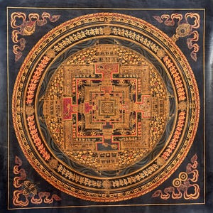 Wheel of Life/ Wheel of Time / Kalachakra/  Mandala  Black and Gold Oil Varnished Tibetan Thangka Painting Original Meditation Art