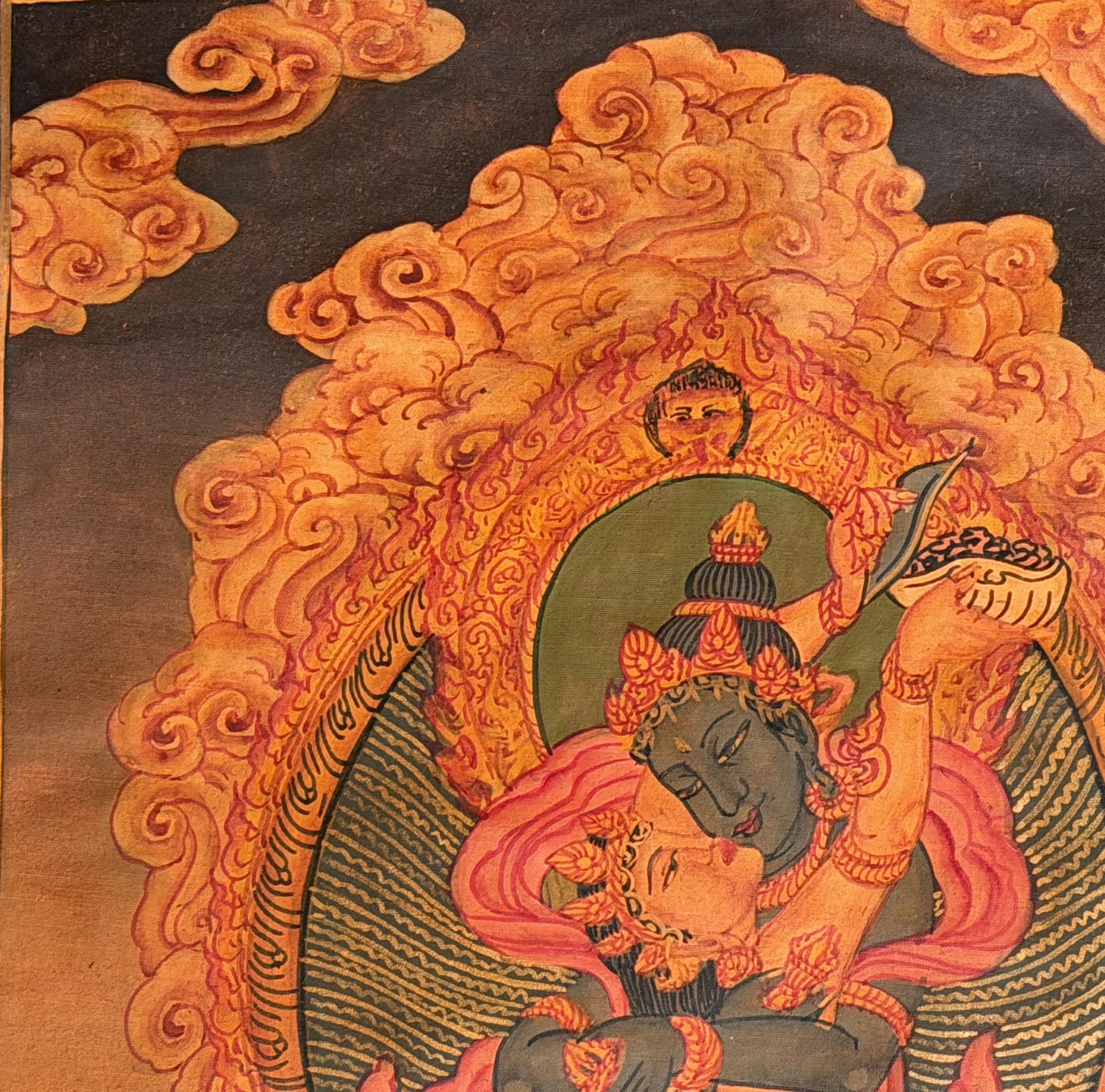 Vajradhara With Shakti Yab-yum Thangka: Newari Paubha Oil