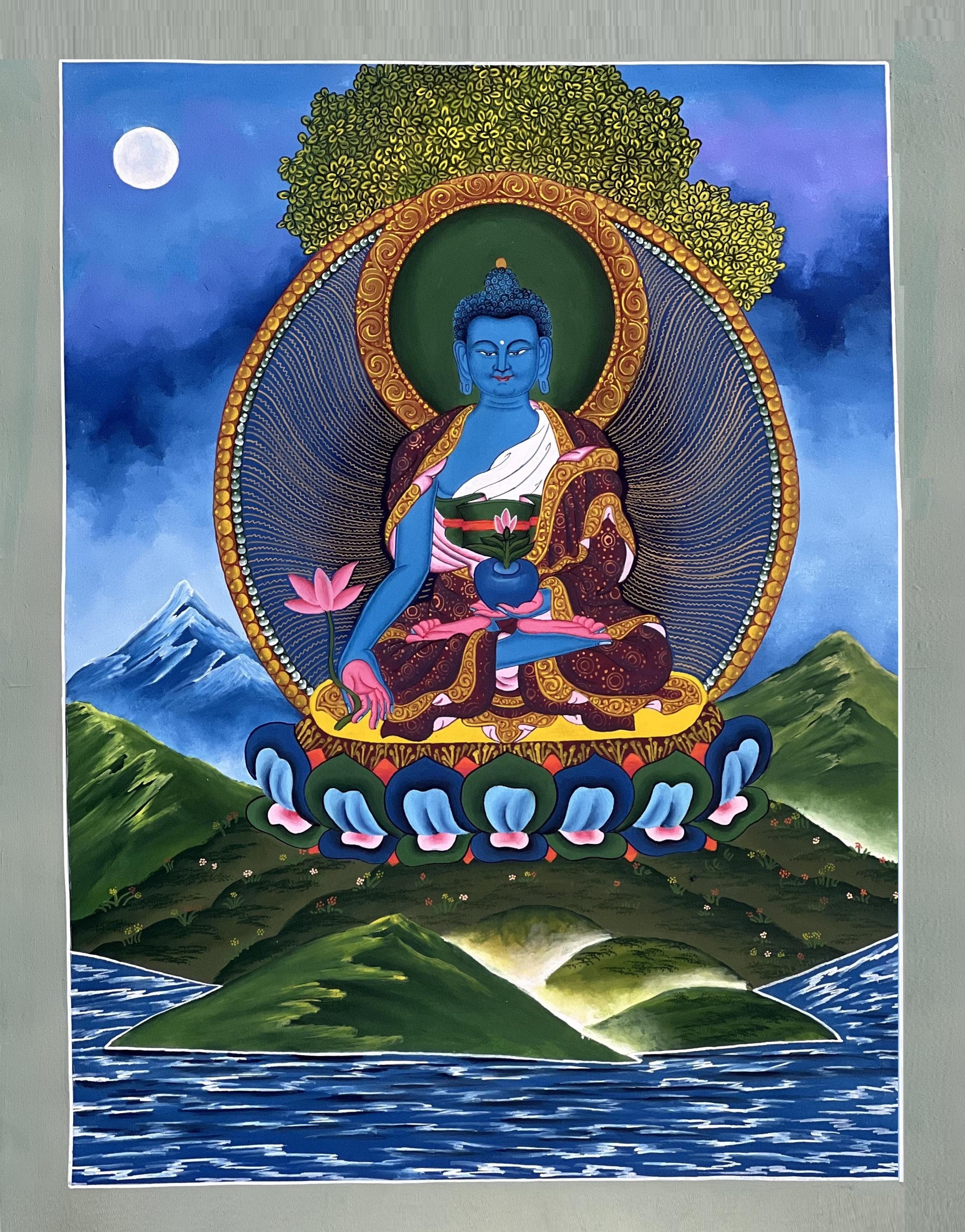 Medicijnboeddha / BhaisajyaGuru / Medicijnmeester-genezer / Newari Paubha-stijl Tibetaanse Thangka-schilderij / originele boeddhistische kunst
