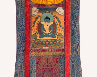 Samantabhadra Yab Yum Thangka with Silk Brocade | Hand-Painted Tibetan Buddhist Art | Original Oil-Varnished