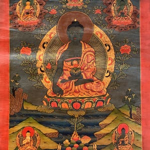 Medicine Buddha/ Bhaisajyaguru/ Master Healer Tibetan Thangka Painting Old Oil-Varnished Original Hand Painting/Buddhist Art