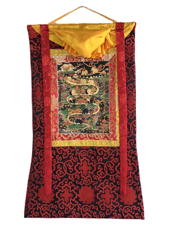Tibetan Thangka Painting: Samatha Meditation - Way to Nirvana Art with Silk Brocade