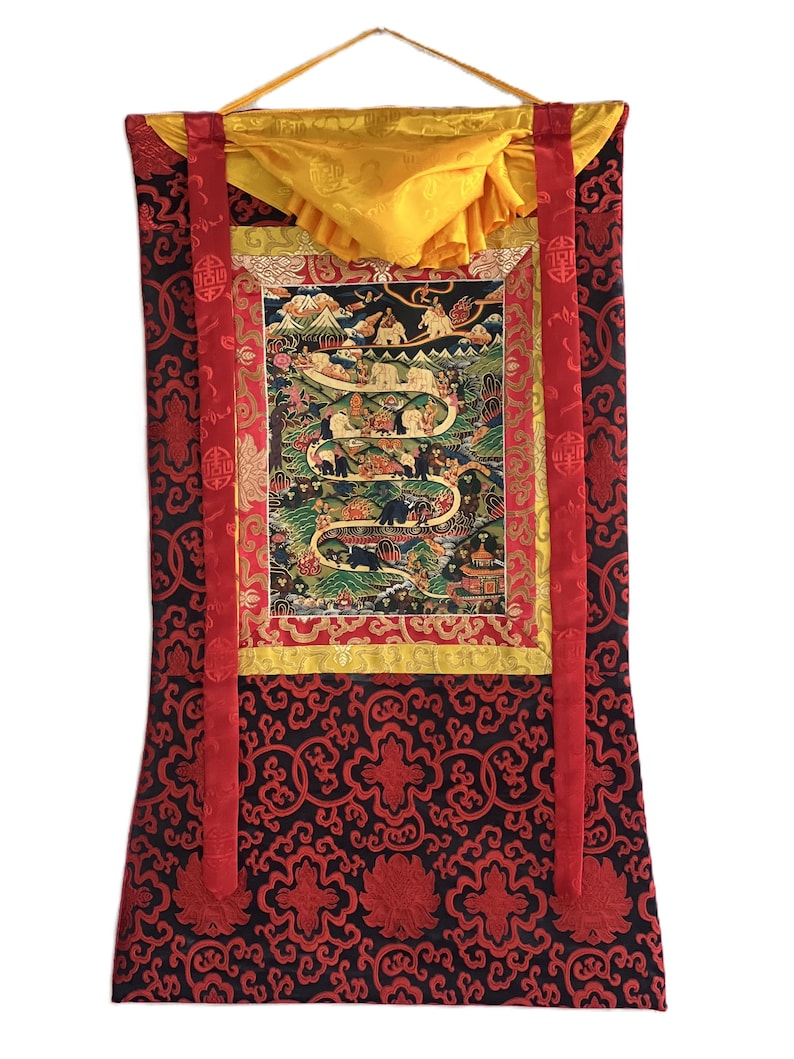 Dipinto Thangka tibetano: Meditazione Samatha - Via verso il Nirvana. Arte con broccato di seta. immagine 1