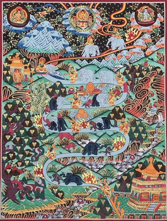 チベットタンカ画 - 象たちと九段サマタ瞑想 パタ - 平和