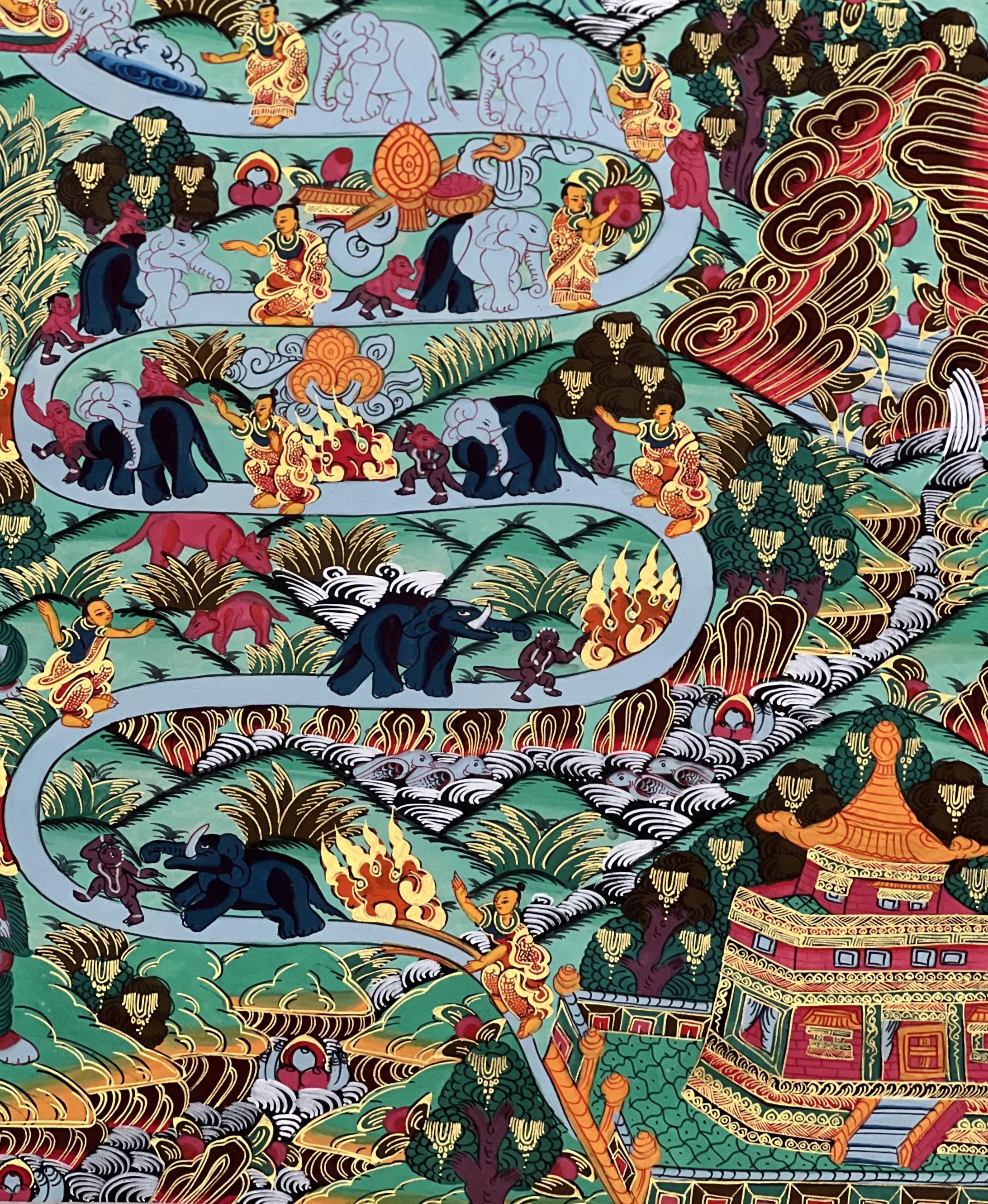 チベットタンカ画 - 象たちと九段サマタ瞑想 パタ - 平和