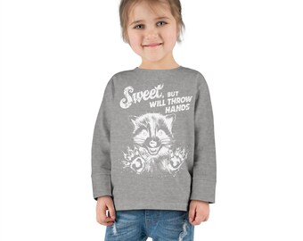 Sweet but Will Throw Hands Toddler Long Sleeve Tee, Funny Kids Shirt, Raccoon Graphic Tee, Gift for Toddler, Playful Kids Apparel
