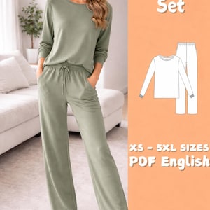 May include: A sage green long-sleeve pajama set with a crew neck top and matching wide-leg pants featuring a drawstring waist. The image includes a white line drawing of the garment, the text Pajama Set, and XS - 5XL SIZES PDF English.