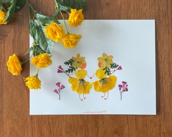 Original Pressed Flower Art: Two Girls in Yellow