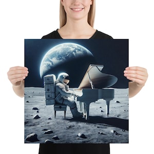 Cartel de arte de piano fresco, cartel de astronauta tocando el piano en la luna, cartel de arte de piano de cola, cartel de música espacial