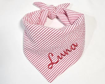 Red Seersucker Dog Bandana | Personalized Embroidered Name | Tie-On Puppy Bandana