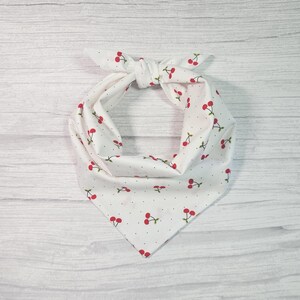 May include: White bandana with a repeating pattern of red cherries and green leaves. The bandana is tied in a knot at the top, creating a bow shape. Small black dots are scattered across the fabric.