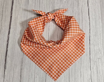 May include: Orange and white gingham bandana with a knotted design.