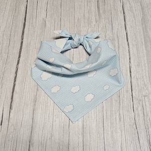 May include: A light blue bandana with a white cloud pattern. The bandana is tied in a knot at the top.